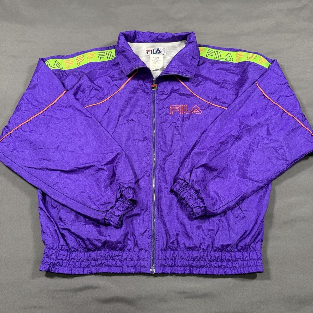 Fila‎ Vintage 90s Nylon Tracksuit XL Windbreaker Jacket Pants Purple Lime Green